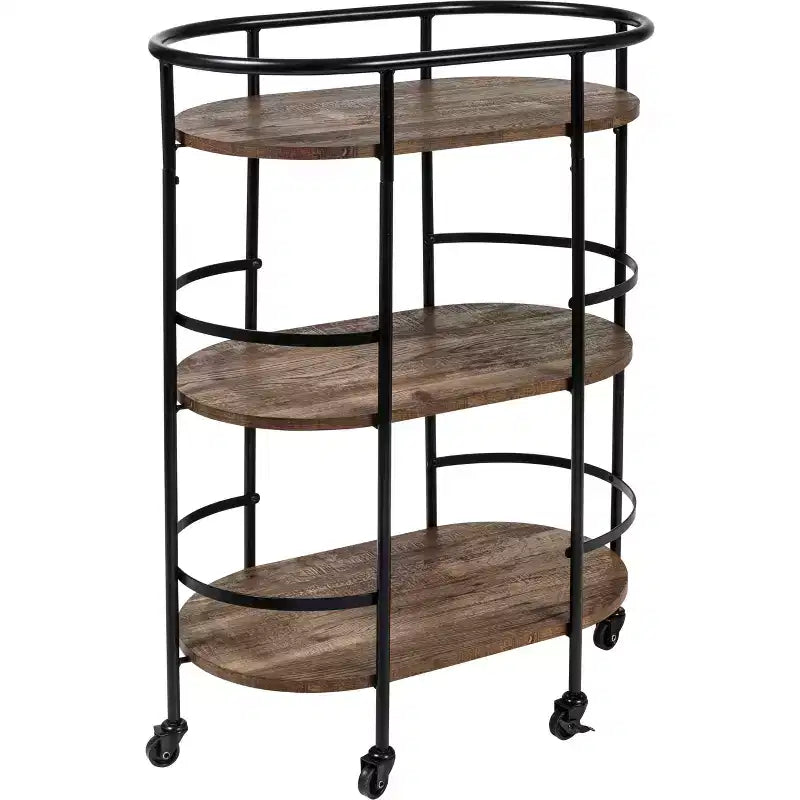 Honey-Can-Do 3 Tier Oval Bar Cart Walnut: Indoor Serving Drink Cart with Steel Frame Fixed Shelves 34.8" Height
