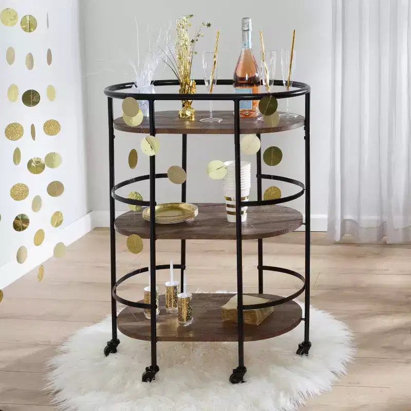 Desserte de bar ovale à trois niveaux (couleur noyer)
