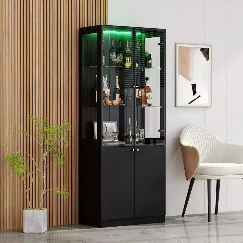 Range-bouteilles de cuisine/salle à manger moderne avec portes vitrées et éclairage LED 7 couleurs.