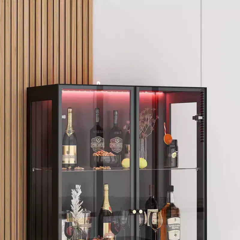 Range-bouteilles de cuisine/salle à manger moderne avec portes vitrées et éclairage LED 7 couleurs.