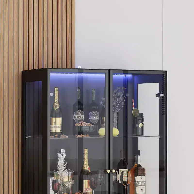Range-bouteilles de cuisine/salle à manger moderne avec portes vitrées et éclairage LED 7 couleurs.