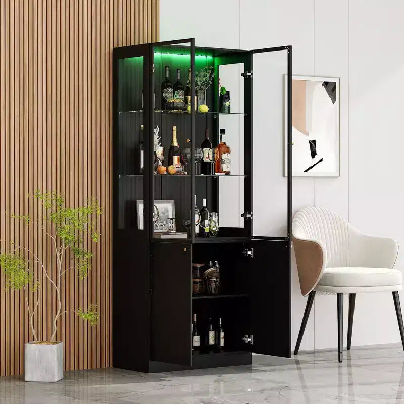 Range-bouteilles de cuisine/salle à manger moderne avec portes vitrées et éclairage LED 7 couleurs.