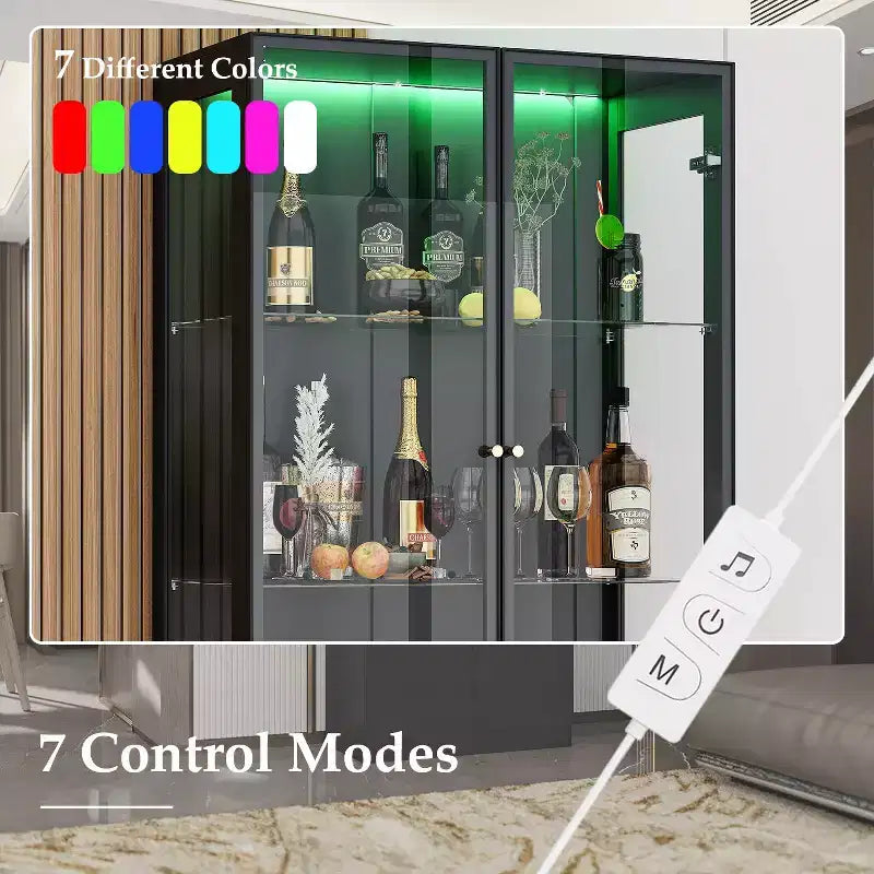 Range-bouteilles de cuisine/salle à manger moderne avec portes vitrées et éclairage LED 7 couleurs.