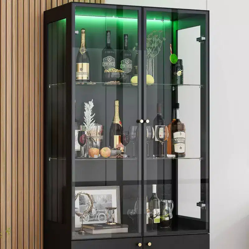 Range-bouteilles de cuisine/salle à manger moderne avec portes vitrées et éclairage LED 7 couleurs.