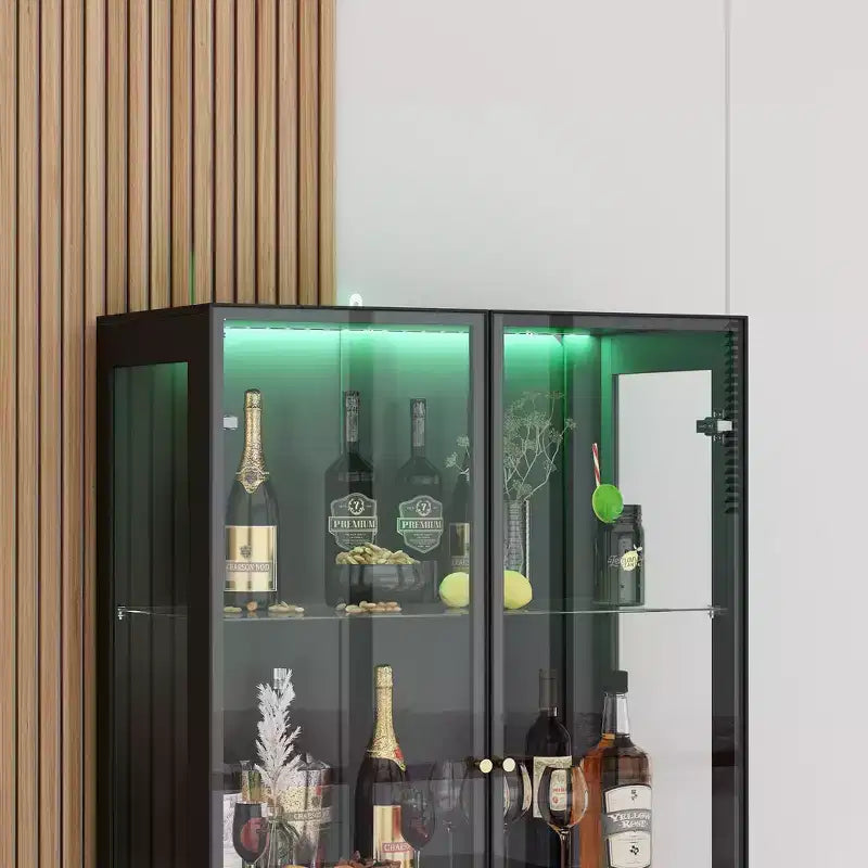 Range-bouteilles de cuisine/salle à manger moderne avec portes vitrées et éclairage LED 7 couleurs.