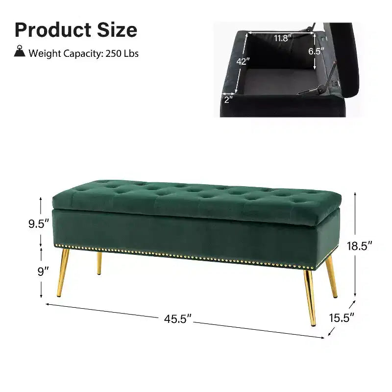 Banc de rangement, orné de rivets et d'un capitonnage à boutons