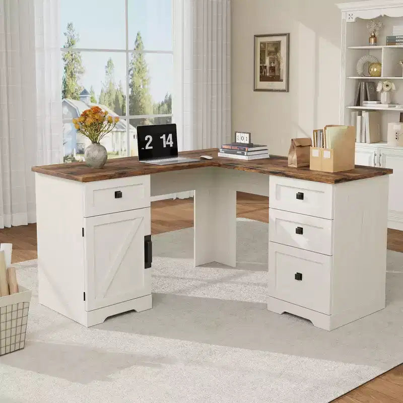 Bureau de direction en L, armoires de rangement réglables et poste de travail informatique d'angle