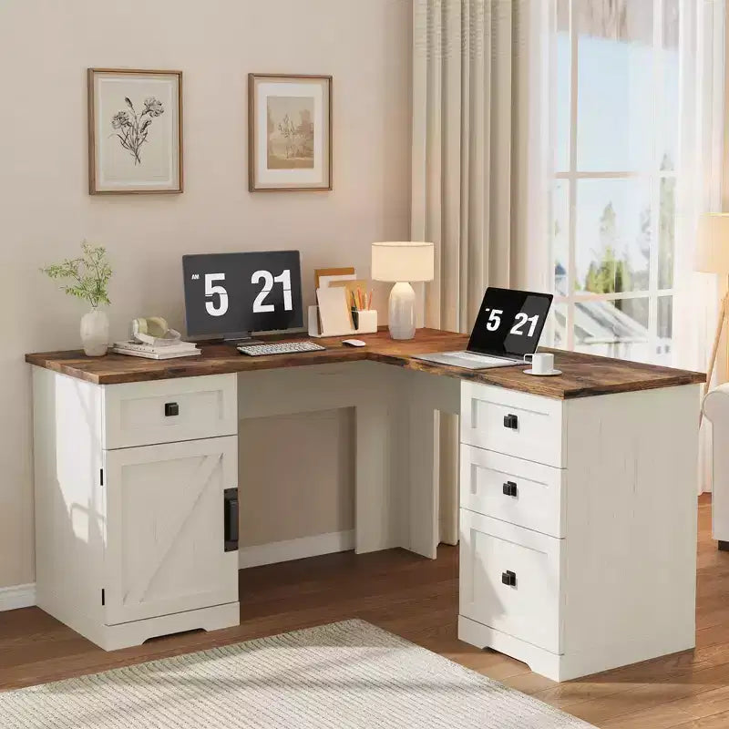 Bureau de direction en L, armoires de rangement réglables et poste de travail informatique d'angle