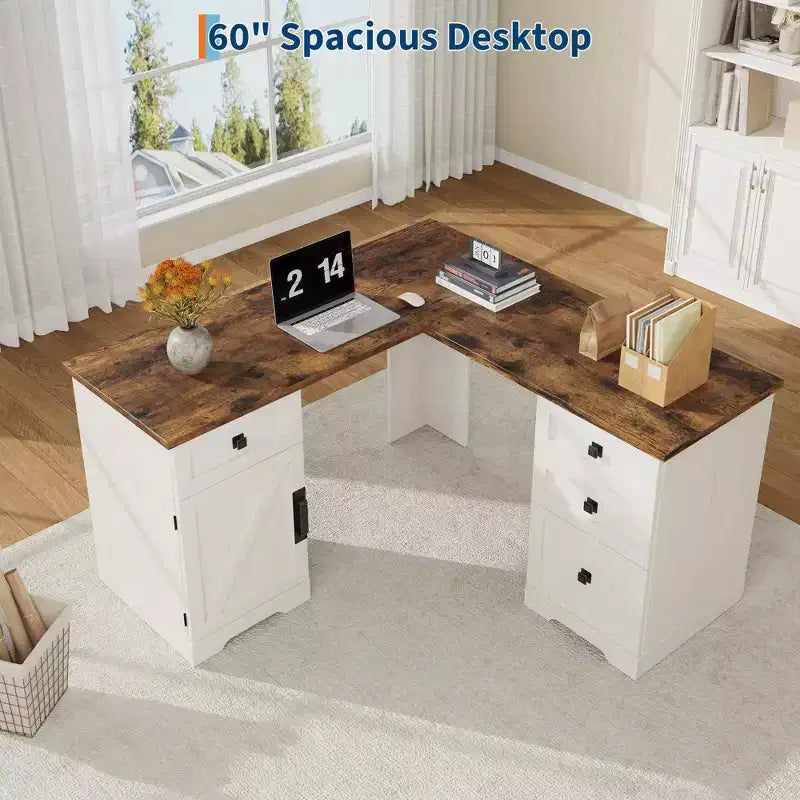 Bureau de direction en L, armoires de rangement réglables et poste de travail informatique d'angle