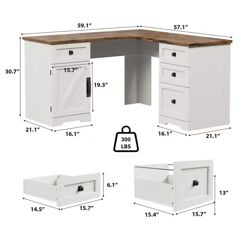 Bureau de direction en L, armoires de rangement réglables et poste de travail informatique d'angle