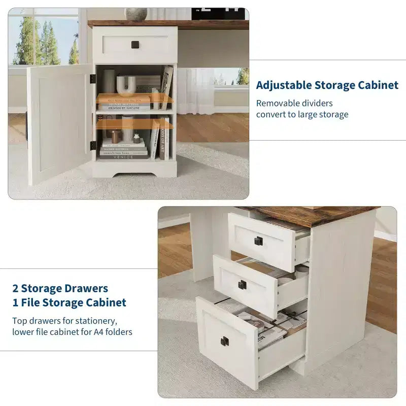 Bureau de direction en L, armoires de rangement réglables et poste de travail informatique d'angle