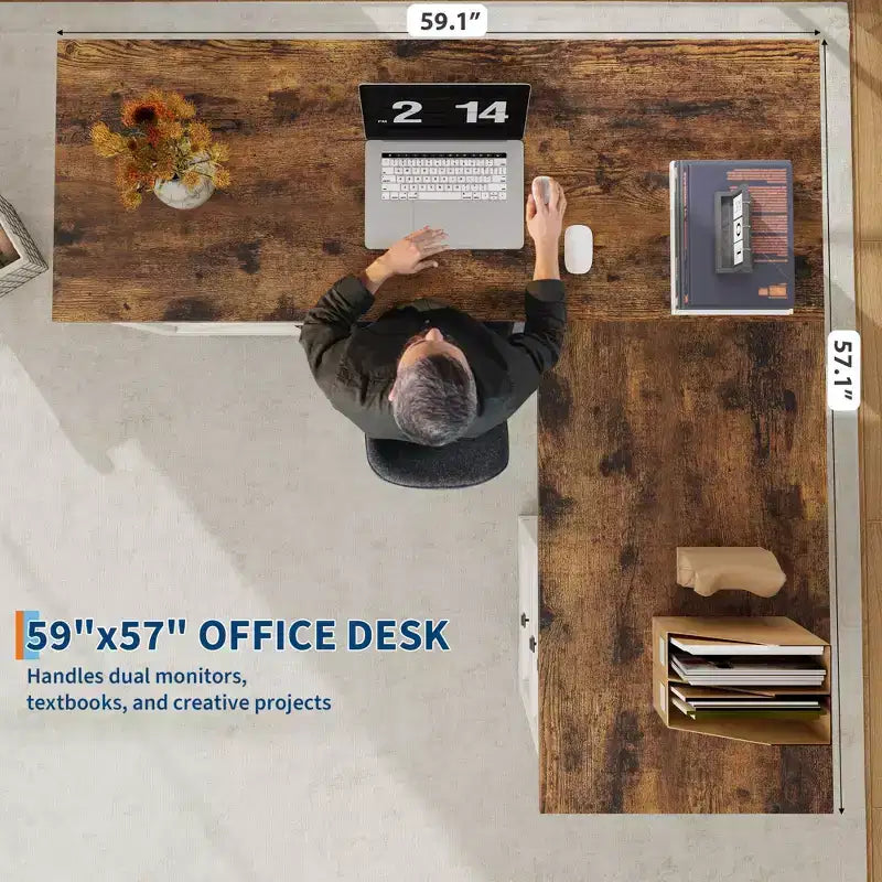 Bureau de direction en L, armoires de rangement réglables et poste de travail informatique d'angle