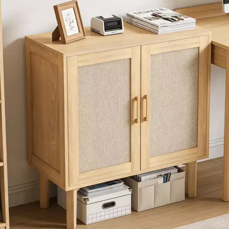 Buffet décoratif en rotin avec portes, pieds en bois massif, buffet multifonctionnel