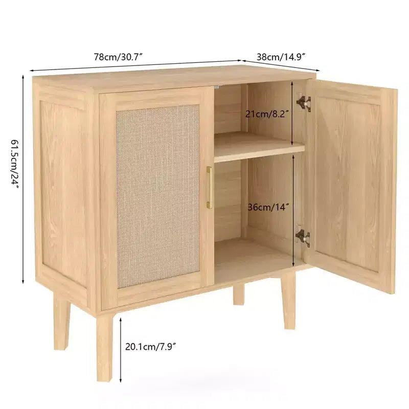 Buffet décoratif en rotin avec portes, pieds en bois massif, buffet multifonctionnel