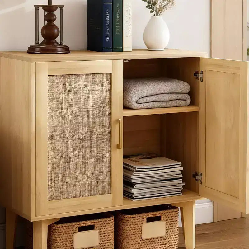 Buffet décoratif en rotin avec portes, pieds en bois massif, buffet multifonctionnel