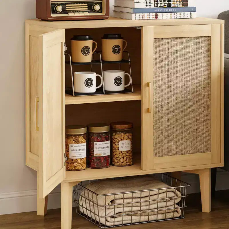 Buffet décoratif en rotin avec portes, pieds en bois massif, buffet multifonctionnel