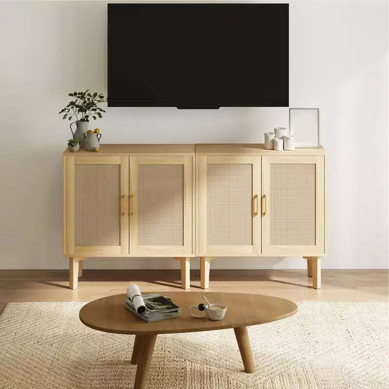 Buffet décoratif en rotin avec portes, pieds en bois massif, buffet multifonctionnel