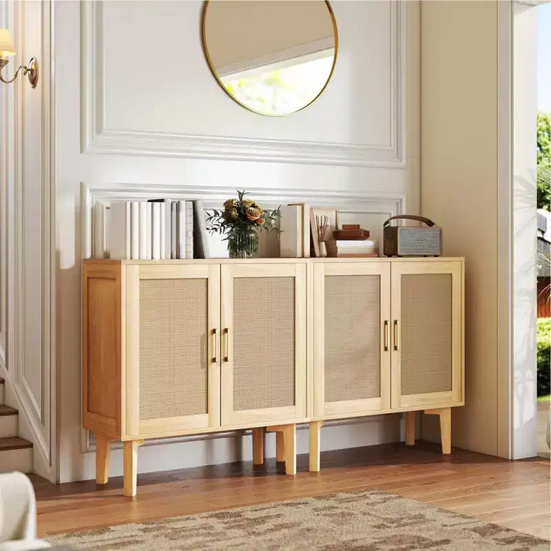 Buffet décoratif en rotin avec portes, pieds en bois massif, buffet multifonctionnel