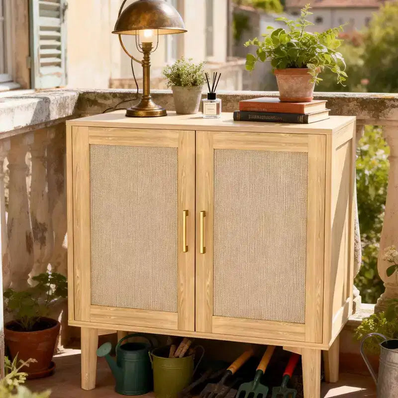 Buffet décoratif en rotin avec portes, pieds en bois massif, buffet multifonctionnel