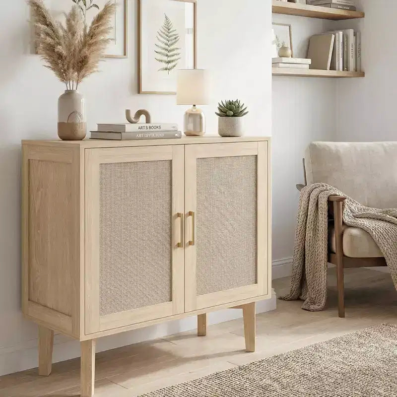 Buffet décoratif en rotin avec portes, pieds en bois massif, buffet multifonctionnel