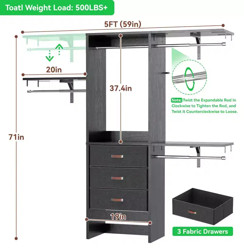 Système de rangement de garde-robe avec tiroirs en tissu et tringles de suspension
