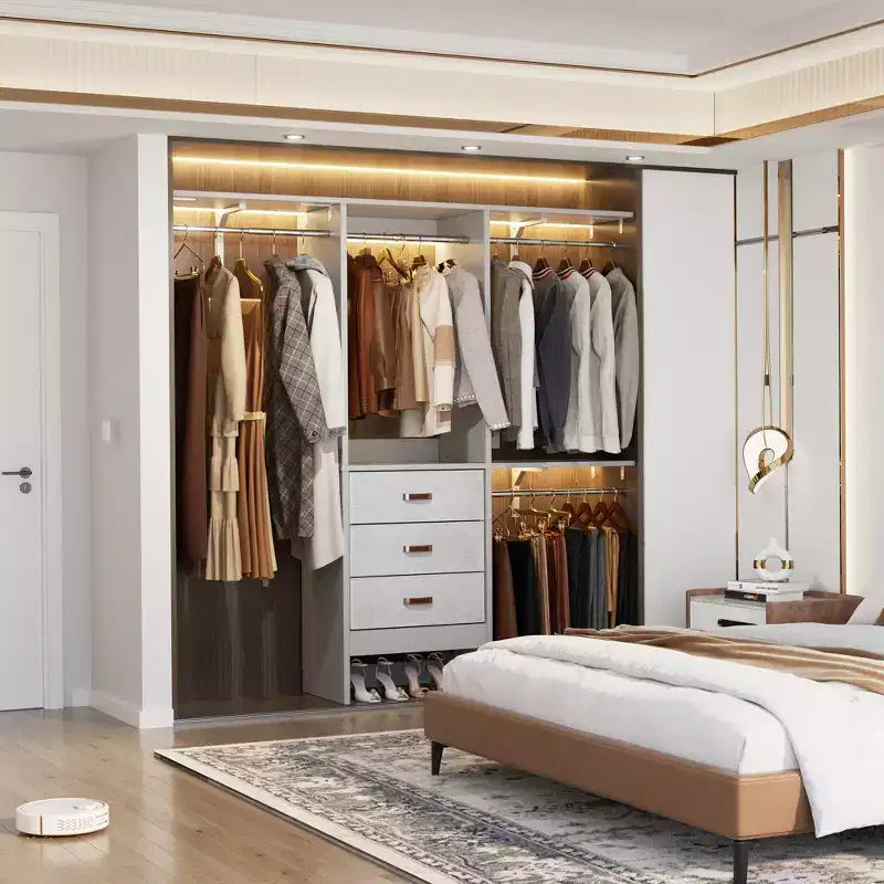 Système de rangement de garde-robe avec tiroirs en tissu et tringles de suspension