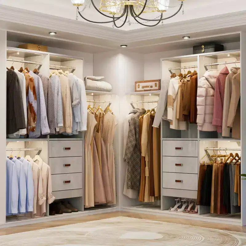 Système de rangement de garde-robe avec tiroirs en tissu et tringles de suspension