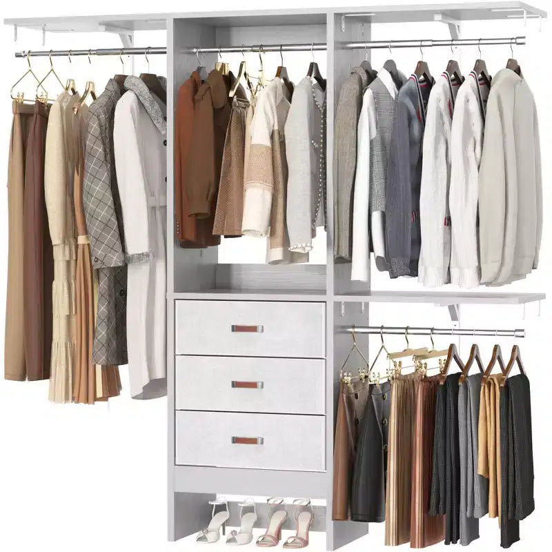 Système de rangement de garde-robe avec tiroirs en tissu et tringles de suspension