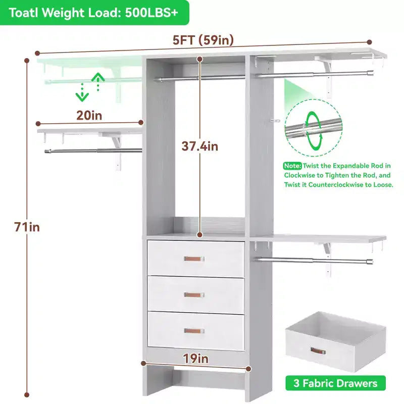 Système de rangement de garde-robe avec tiroirs en tissu et tringles de suspension