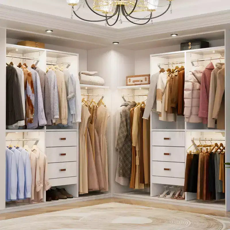 Système de rangement de garde-robe avec tiroirs en tissu et tringles de suspension