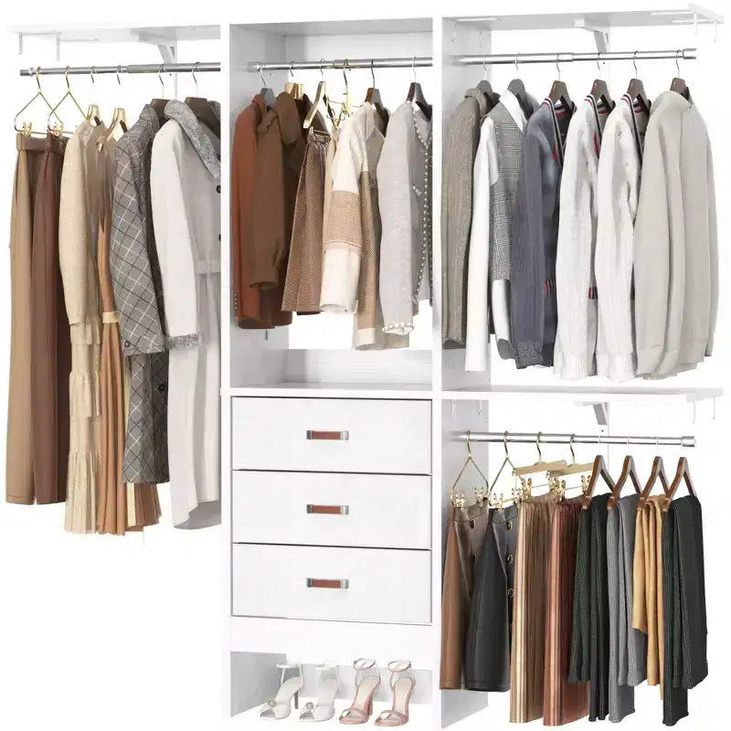 Système de rangement de garde-robe avec tiroirs en tissu et tringles de suspension