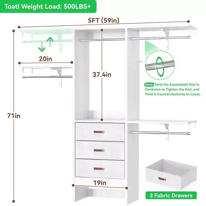 Système de rangement de garde-robe avec tiroirs en tissu et tringles de suspension