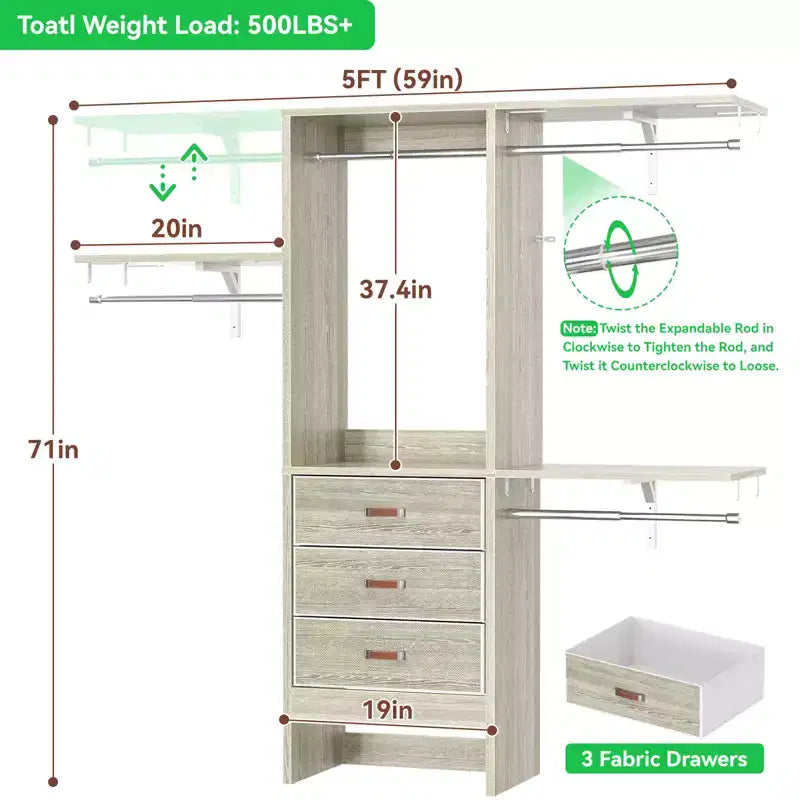 Système de rangement de garde-robe avec tiroirs en tissu et tringles de suspension