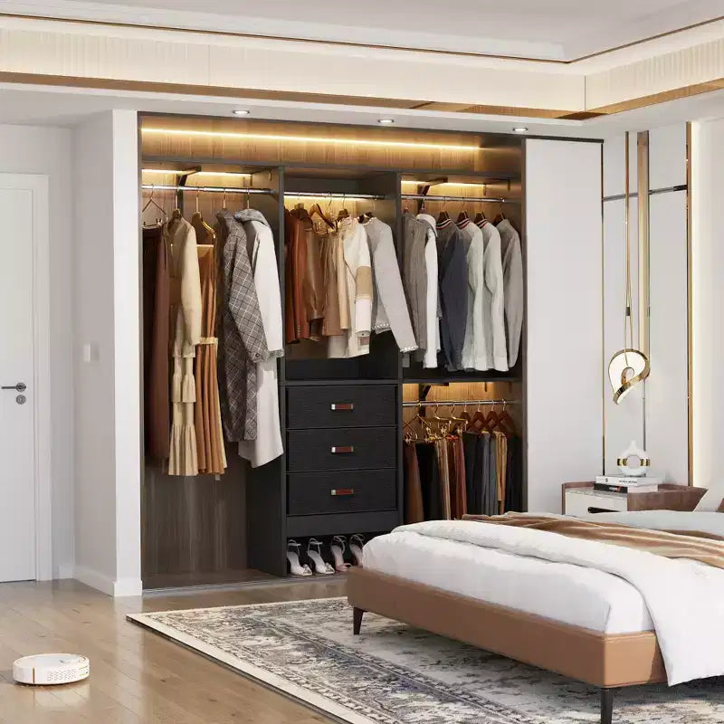 Système de rangement de garde-robe avec tiroirs en tissu et tringles de suspension