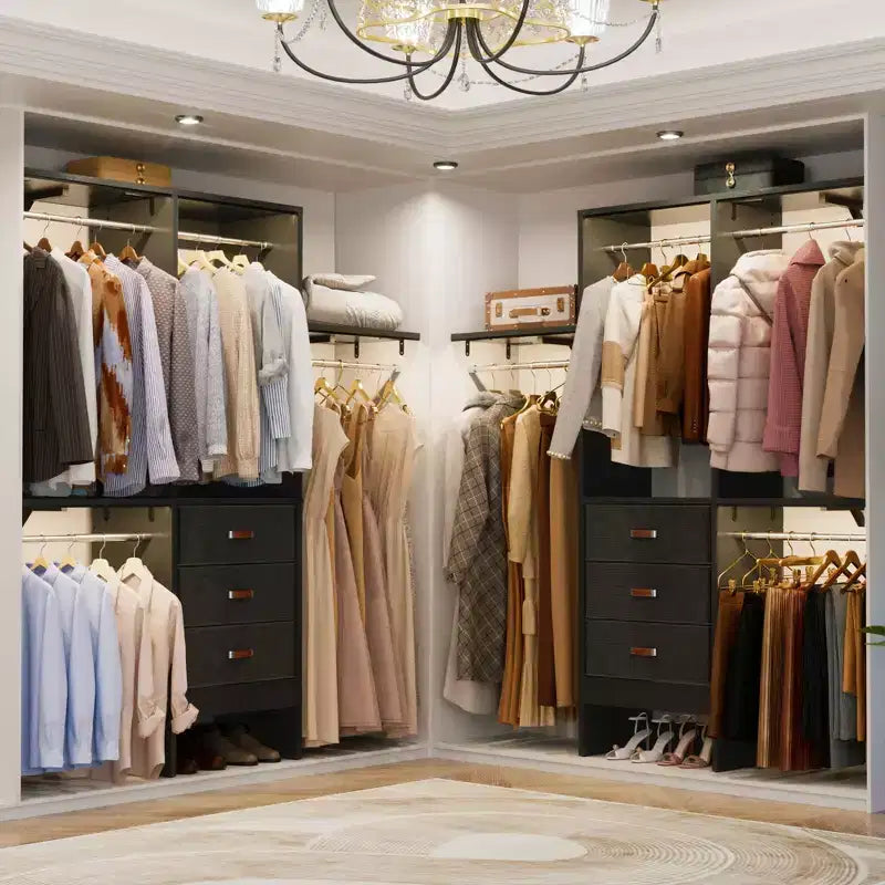 Système de rangement de garde-robe avec tiroirs en tissu et tringles de suspension