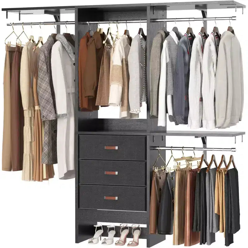 Système de rangement de garde-robe avec tiroirs en tissu et tringles de suspension
