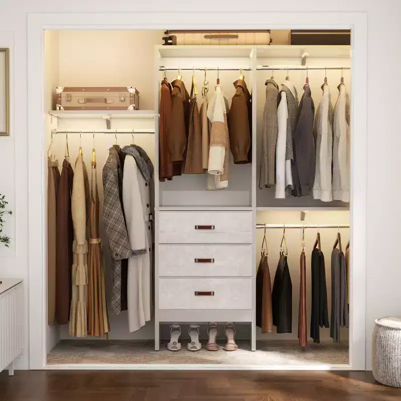 Système de rangement de garde-robe avec tiroirs en tissu et tringles de suspension