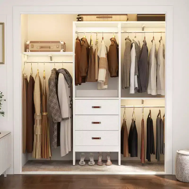 Système de rangement de garde-robe avec tiroirs en tissu et tringles de suspension