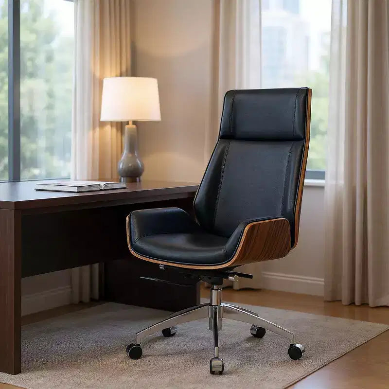Chaise de bureau de direction pivotante, réglable en hauteur, à roulettes, noire et acajou avec accoudoirs argentés