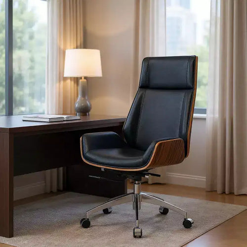 Chaise de bureau de direction pivotante, réglable en hauteur, à roulettes, noire et acajou avec accoudoirs argentés