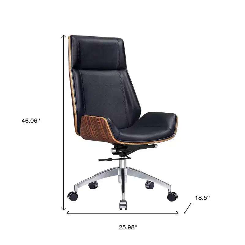 Chaise de bureau de direction pivotante, réglable en hauteur, à roulettes, noire et acajou avec accoudoirs argentés
