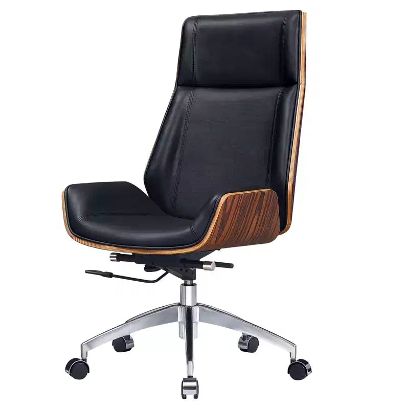 Chaise de bureau de direction pivotante, réglable en hauteur, à roulettes, noire et acajou avec accoudoirs argentés
