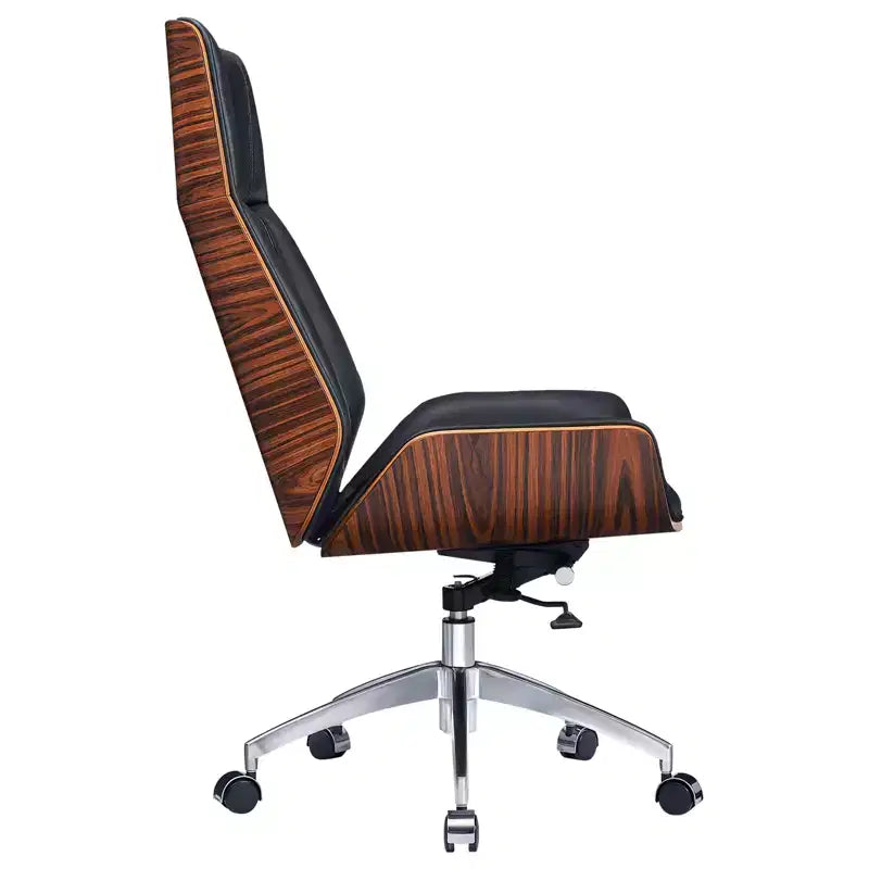 Chaise de bureau de direction pivotante, réglable en hauteur, à roulettes, noire et acajou avec accoudoirs argentés