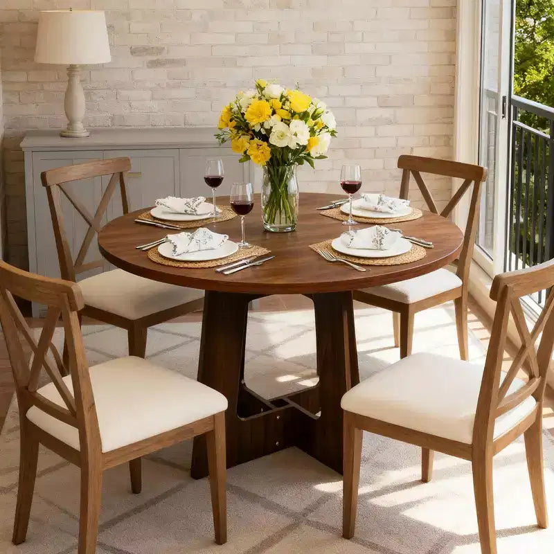 Table à manger ronde, table de cuisine en bois, piètement croisé