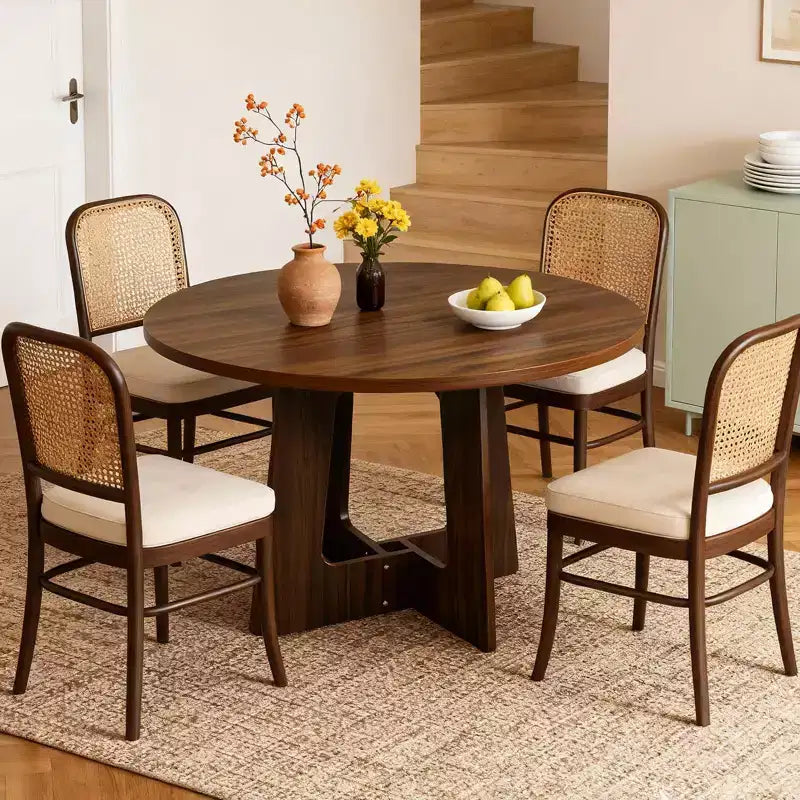 Table à manger ronde, table de cuisine en bois, piètement croisé