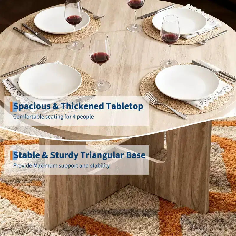 Table à manger ronde, table de cuisine en bois, piètement croisé