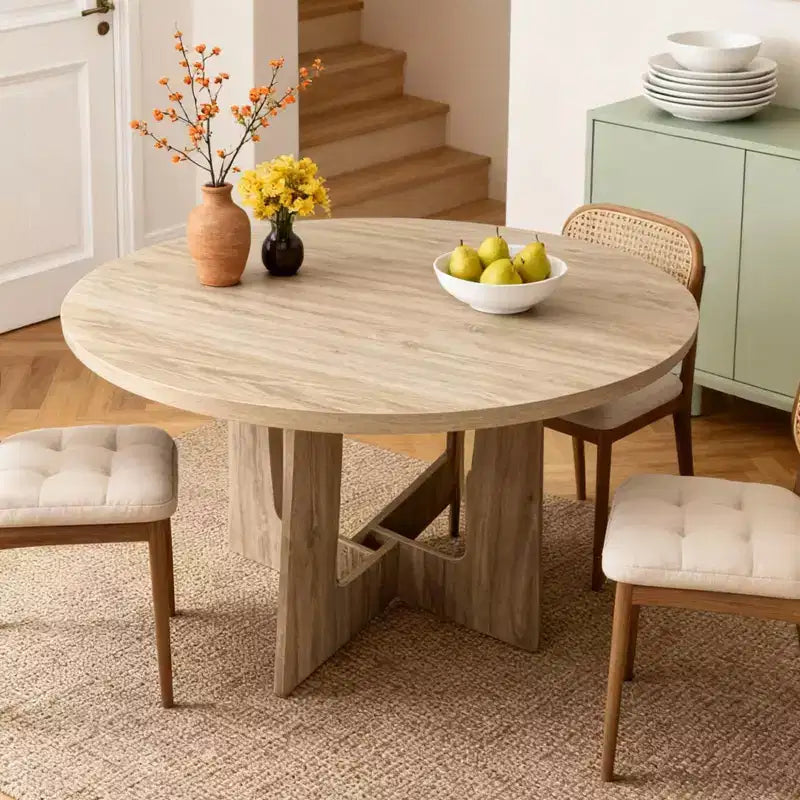Table à manger ronde, table de cuisine en bois, piètement croisé
