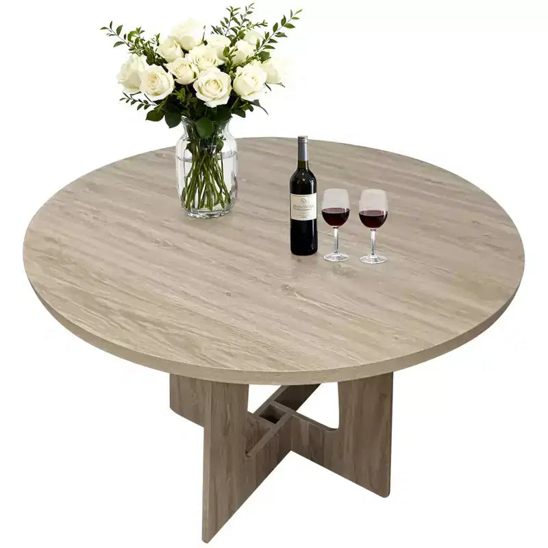Table à manger ronde, table de cuisine en bois, piètement croisé