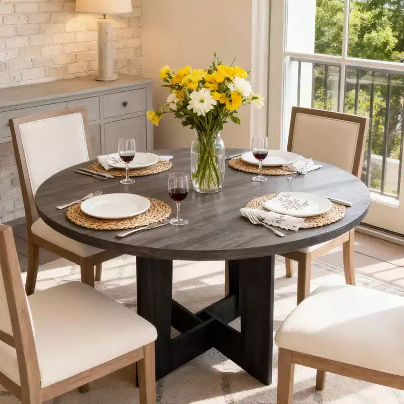 Table à manger ronde, table de cuisine en bois, piètement croisé