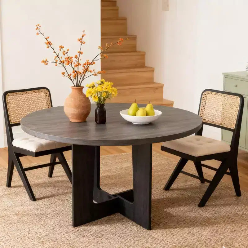 Table à manger ronde, table de cuisine en bois, piètement croisé